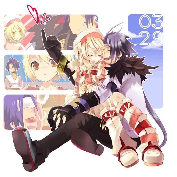 black_gloves blonde_hair boots closed_eyes coat couple decus embarrassed eyes_closed gloves hand_holding happy holding_hands long_hair pants pinky_out ponytail purple_hair shihage shoes short_hair sitting sitting_on_lap sitting_on_person sky tales_of_(series) tales_of_symphonia tales_of_symphonia_knight_of_ratatosk veil