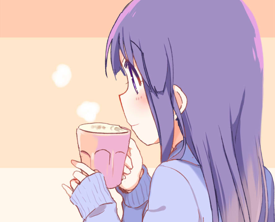 1girl bangs blue_sweater blunt_bangs blush closed_mouth cup eyebrows_visible_through_hair from_behind hinata_yukari holding holding_cup long_hair looking_afar multicolored multicolored_background purple_hair sidelocks simple_background smile solo sweater tatsunokosso upper_body violet_eyes yuyushiki