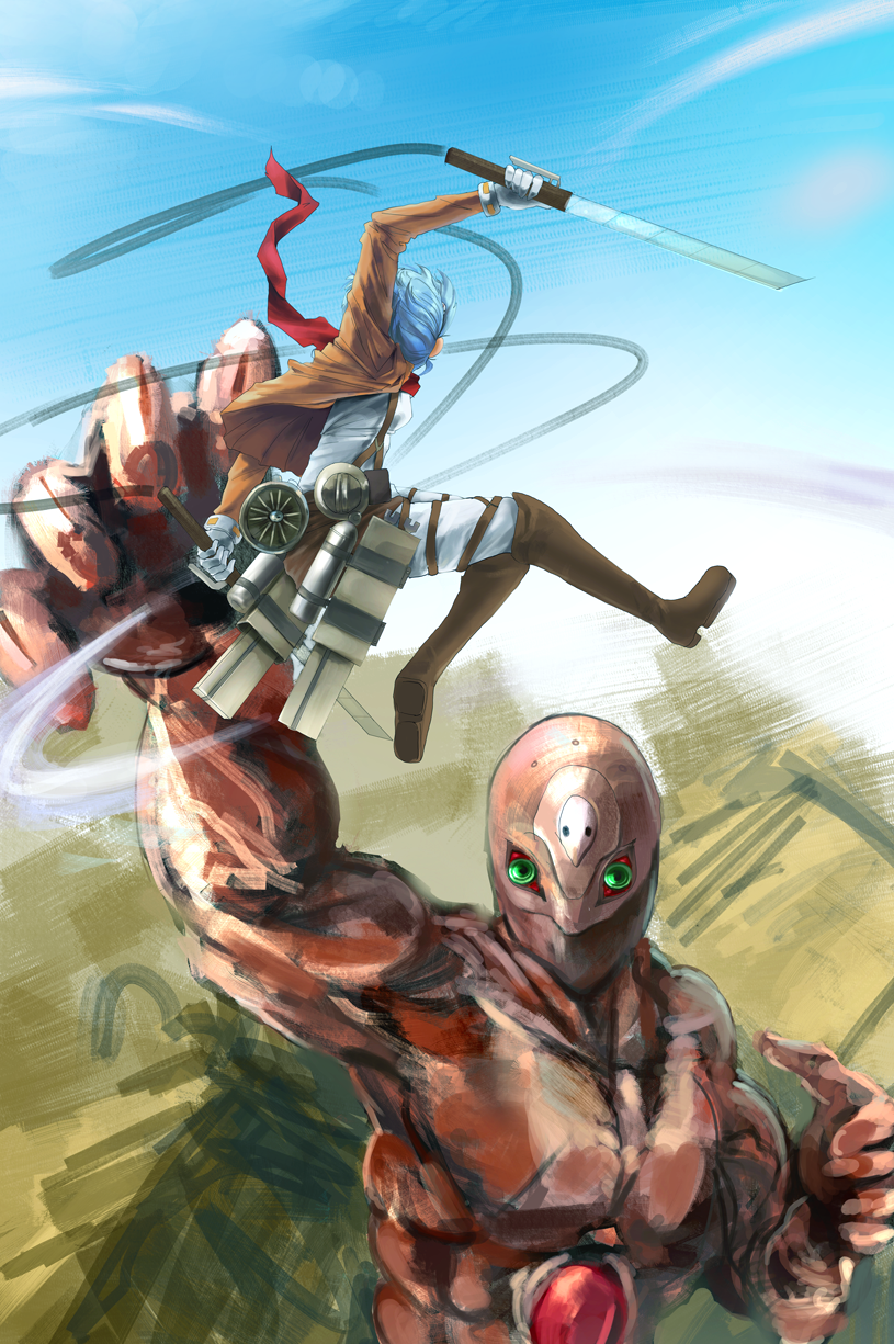 1girl ayanami_rei battle blue_hair boots cable drawfag dual_wielding eva_01 giant green_eyes highres knee_boots looking_at_another mikasa_ackerman mikasa_ackerman_(cosplay) neon_genesis_evangelion pants scarf shingeki_no_kyojin short_hair sky suspenders sword thigh_strap three-dimensional_maneuver_gear weapon