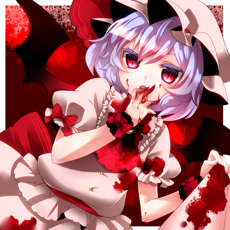 bad_id bat_wings blood blood_on_clothes blood_on_face bloody_clothes colored_eyelashes eyelashes hand_to_mouth hat licking pink_eyes purple_hair remilia_scarlet short_hair skirt skirt_lift slit_pupils solo touhou white_hair wings yutazou