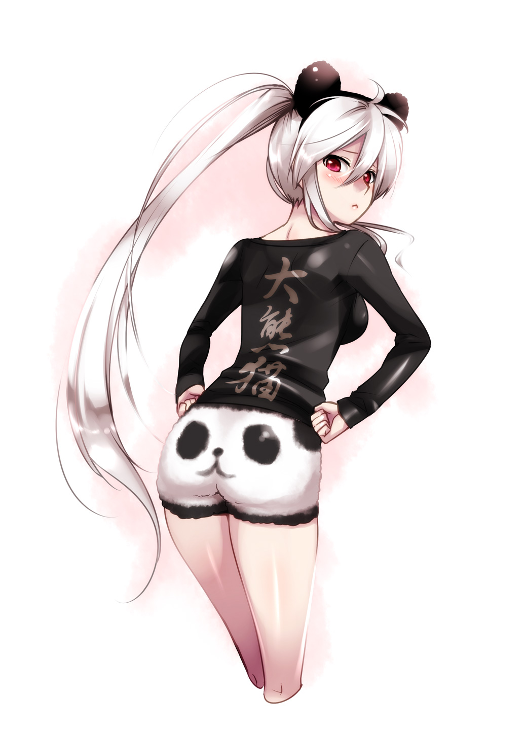 animal_ears ass back blush breasts caffein cropped_legs fake_animal_ears from_behind hands_on_hips highres legs long_hair looking_back panda panda_ears ponytail red_eyes shorts sideboob solo thighs very_long_hair vocaloid white_hair yowane_haku