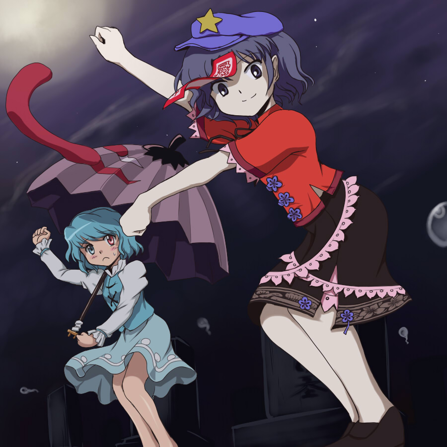 black_eyes black_hair blue_eyes blue_hair commentary_request dress flx frown geung_si ghost grey_eyes hat heterochromia hitodama jiangshi karakasa_obake michael_jackson miyako_yoshika multiple_girls no_socks ofuda outstretched_arms pale_skin red_eyes skirt smile tatara_kogasa the_monkey thriller tombstone tongue touhou umbrella