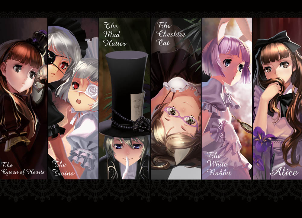 alice_in_wonderland alphonse_(white_datura) animal_ears black_eyes blonde_hair blue_eyes brown_eyes brown_hair bunny_ears cheshire_cat eyepatch glasses gloves hat letterboxed lolita_fashion mad_hatter maid_headdress mini_top_hat personification pocket_watch purple_hair queen_of_hearts red_eyes short_hair siblings sisters the_twins top_hat tweedledee tweedledum twins watch white_rabbit