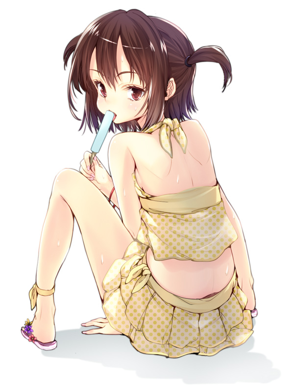 bare_back bare_legs bare_shoulders bracelet brown_eyes brown_hair buriki_(style) eating feet food from_behind ice_cream jewelry legs licking looking_back nail_polish original parody sandals short_hair simple_background sitting skirt solo style_parody subachi sweat twintails