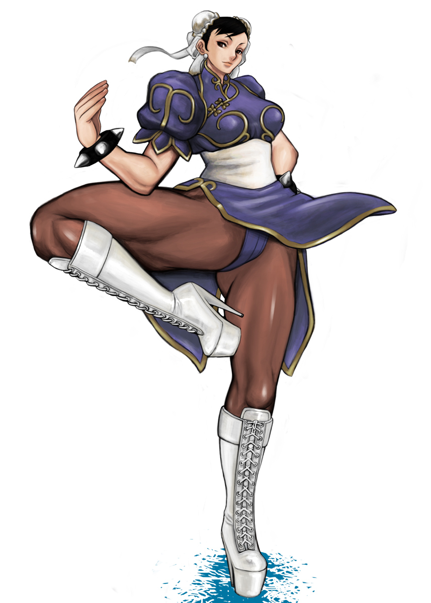1girl alternate_costume black_hair boots breasts bun_cover capcom chinese_clothes chun-li cross-laced_footwear double_bun earrings high_heel_boots high_heels highres jewelry knee_boots komii lace-up_boots legs looking_at_viewer pantyhose shoes solo street_fighter thick_thighs thighs upskirt