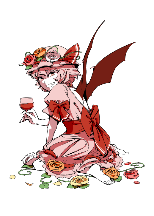 bad_id barefoot bow cup dress fang flower grin hat hat_bow hat_flower hounori open-back_dress orange_rose petals pink_eyes pink_hair pink_rose remilia_scarlet rose rose_petals short_hair short_sleeves sitting smile solo touhou vines wariza white_rose wine_glass wings yellow_rose