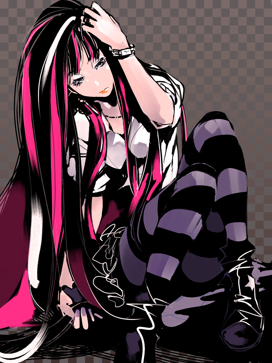 black_hair checkered checkered_background highres jewelry lips long_hair multicolored_hair necklace panty_&amp;_stocking_with_garterbelt pantyhose pink_hair pomodorosa risa_hibiki sitting stocking_(character) stocking_(psg) striped striped_legwear two-tone_hair very_long_hair watch wristwatch