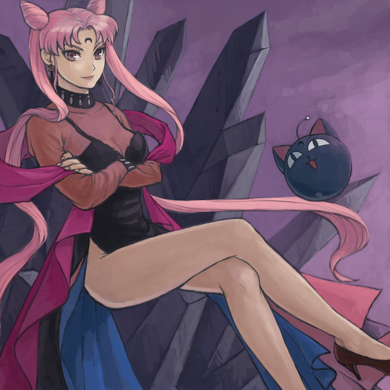 adult bad_id bishoujo_senshi_sailor_moon black_lady chibi_usa crescent crossed_arms crossed_legs crystal double_bun earrings facial_mark forehead_mark high_heels jewelry legs legs_crossed long_hair long_legs luna-p mukuo pink_eyes pink_hair shawl shoes side_slit sitting solo thighs twintails