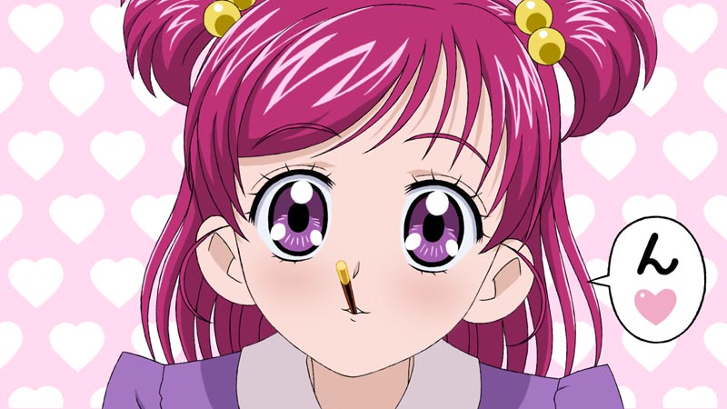 asahina_(asahinatei) hair_ornament heart heart_background natsuhina pink_hair pocky pocky_kiss precure purple_eyes school_uniform shared_food short_twintails solo spoken_heart twintails two_side_up violet_eyes yes!_precure_5 yumehara_nozomi
