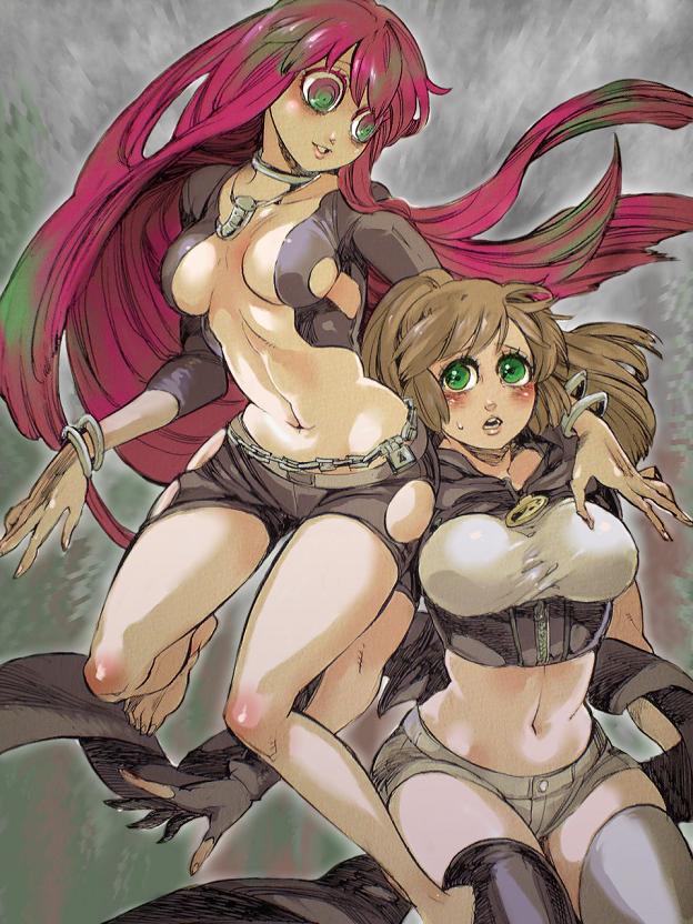 barefoot breasts chain chains character_request cleavage crop_top jpeg_artifacts large_breasts legs mankintan midriff mithra_(psyren) multiple_girls navel psyren skindentation taut_shirt tenjuin_marie thighhighs thighs