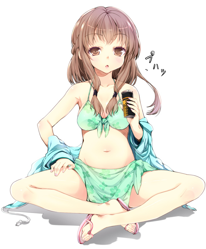 bikini blush brown_eyes brown_hair buriki_(style) can drink face feet half_updo hand_on_lap indian_style navel original parody sandals sarong shadow simple_background sitting solo style_parody subachi swimsuit