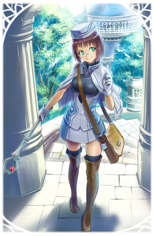 bangs bird bob_cut boots breasts brown_hair cape corset fantasy glasses gloves green_eyes handbag hat iceojin large_breasts miniskirt pixiv_fantasia pixiv_fantasia_5 skirt smile solo stairs thigh-highs thigh_boots thighhighs tree wand white_gloves