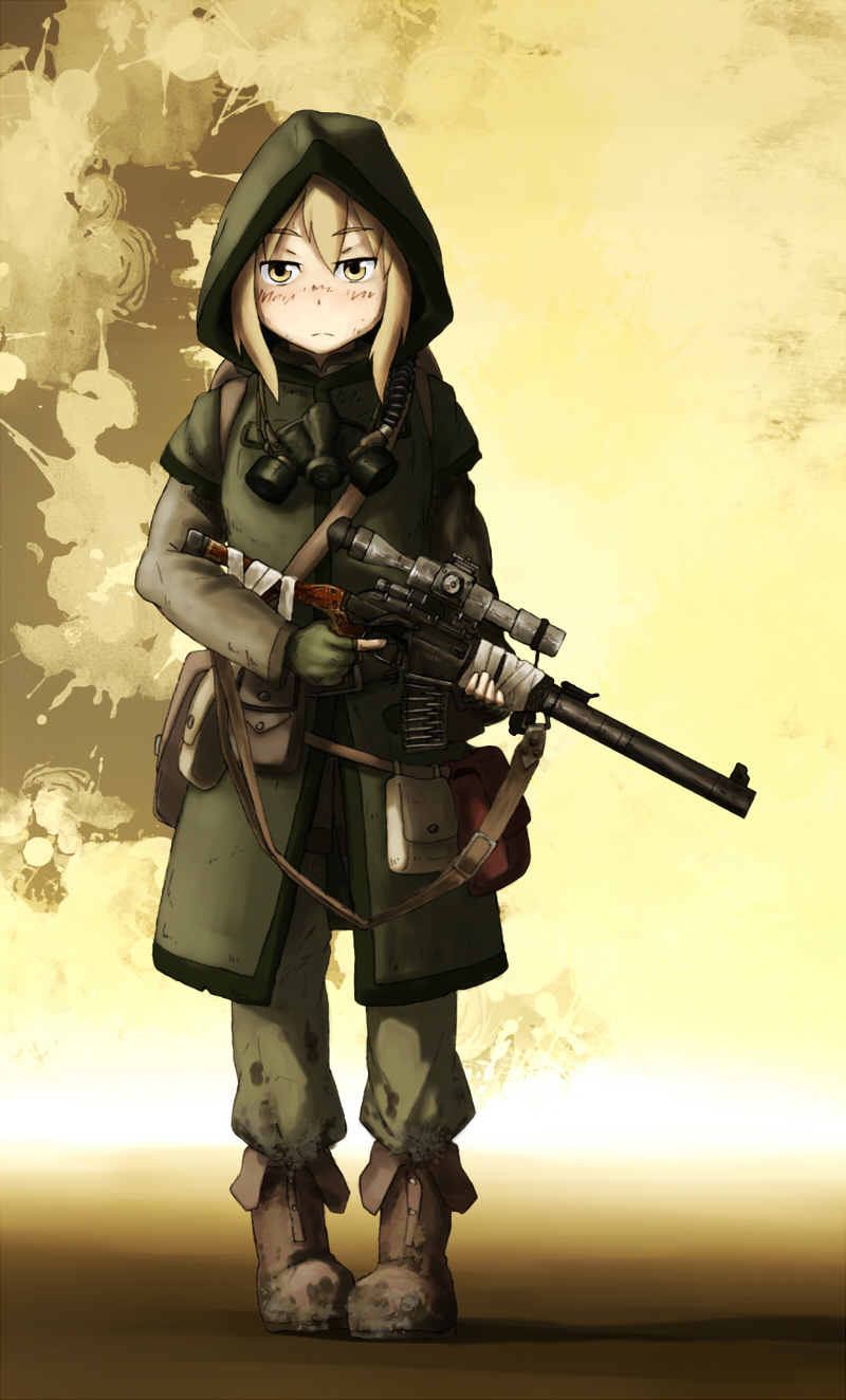 assault_rifle boots fingerless_gloves gas_mask gloves gun highres kama_iruka military military_uniform pigeon-toed pigeon_toed rifle scope sniper_rifle solo stalker_(game) uniform vss_vintorez weapon