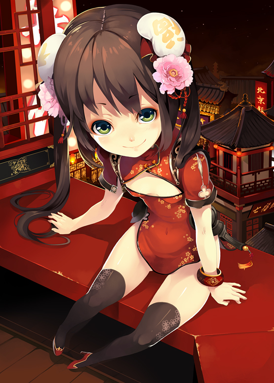 1girl bangle black_legwear bracelet brown_hair bun_cover china_dress chinese_architecture chinese_clothes cleavage_cutout double_bun east_asian_architecture flat_chest flower foreshortening from_above green_eyes hair_flower hair_ornament high_heels jewelry long_hair night original riku_(wana) shoes sitting smile solo thigh-highs thighhighs twintails very_long_hair