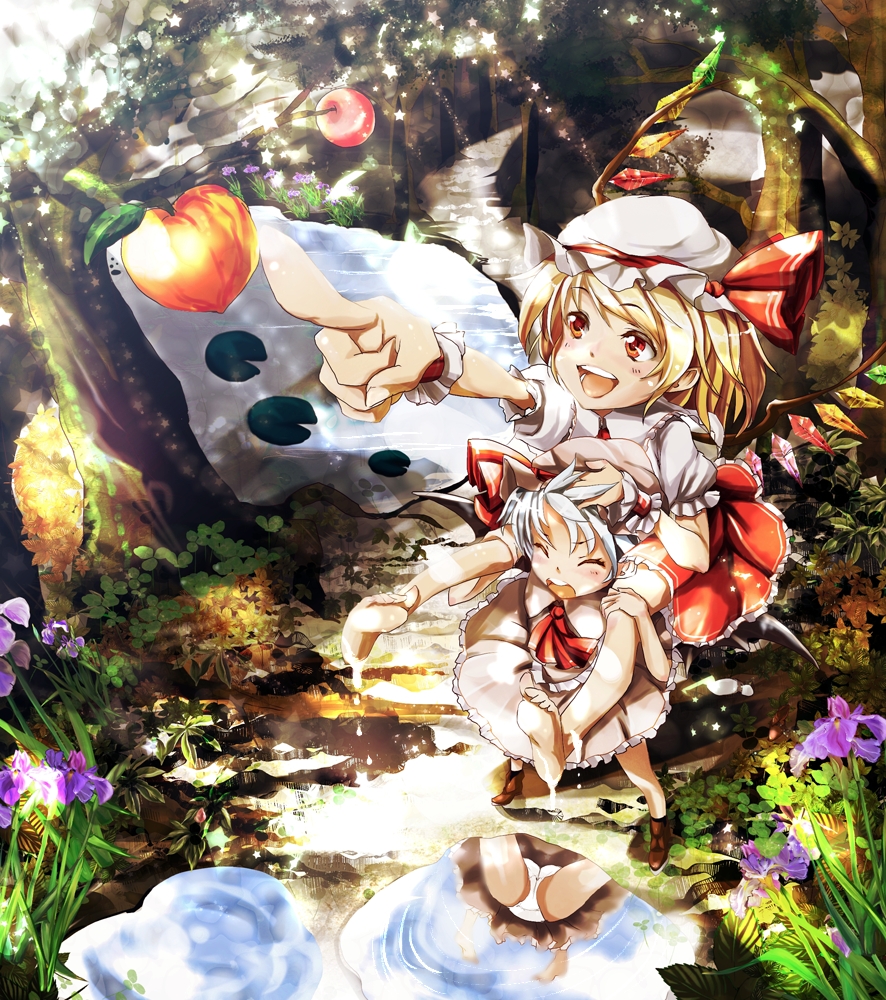 apple artist_request bare_legs barefoot bat_wings blonde_hair blue_hair carrying closed_eyes dress eyes_closed feet flandre_scarlet flower food forest fruit haruhina_purple hat multiple_girls nature open_mouth panties pink_dress pointing puddle red_dress red_eyes reflection remilia_scarlet shoulder_carry siblings sisters smile touhou tree underwear upskirt water white_panties wings