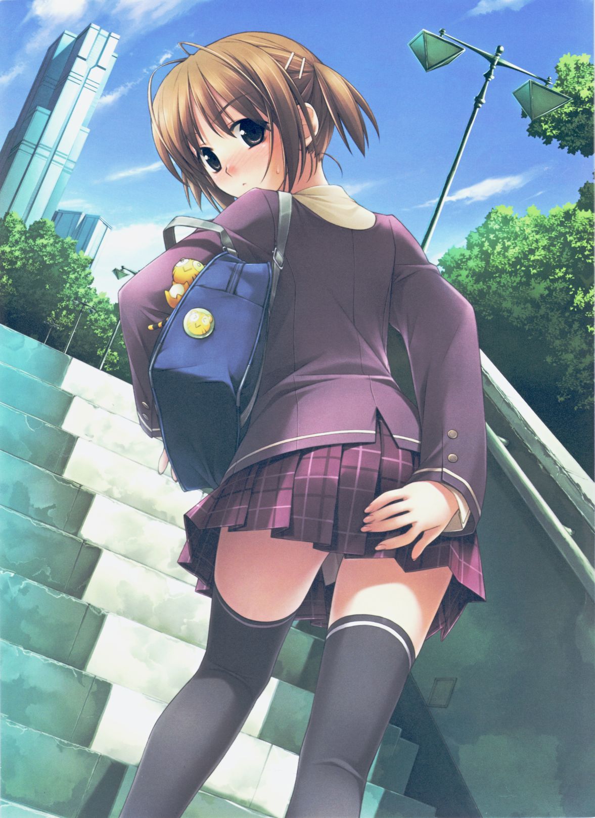 bag black_eyes blush brown_hair building city cloud clouds copyright_request covering covering_ass hair_ornament hashimoto_takashi highres kneepits lamppost looking_back school_bag school_uniform short_hair skirt sky skyscraper solo stairs thighhighs tree zettai_ryouiki