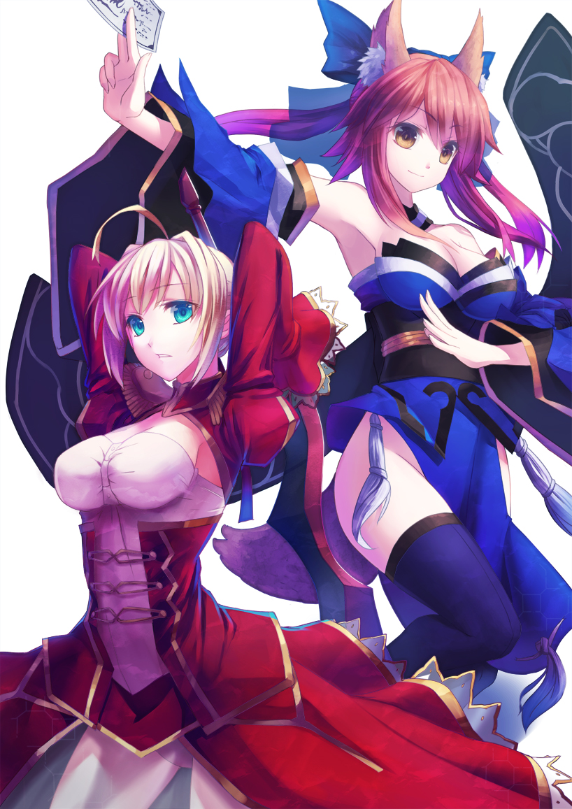 animal_ears aqua_eyes blonde_hair blue_eyes breasts brown_eyes caster_(fate/extra) cleavage detached_sleeves epaulettes fate/extra fate/stay_night fate_(series) fox_ears fox_tail japanese_clothes multicolored_eyes multiple_girls ofuda open_mouth saber_extra simple_background steelleets tail thigh-highs thighhighs