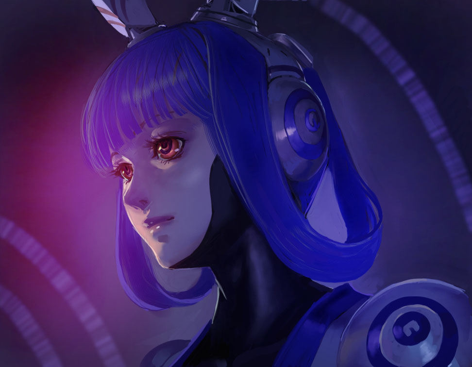 android bangs blue_hair blunt_bangs character_request dark expressionless face from_below fujiwara_hisashi hair_rings lips multicolored_eyes phantasy_star phantasy_star_portable phantasy_star_universe portrait realistic red_eyes robot_ears science_fiction solo spiral vivienne vivienne_(phantasy_star)