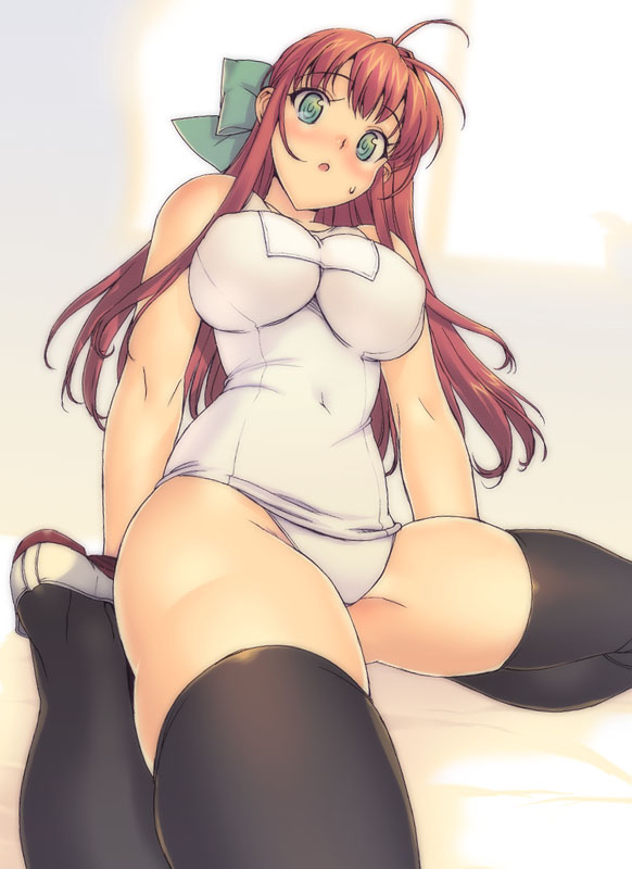 blush bow breasts green_eyes hair_bow impossible_clothes impossible_swimsuit large_breasts long_hair one-piece_swimsuit ootomo_takuji original red_hair school_swimsuit shoes sweatdrop swimsuit thigh_highs thighhighs white_school_swimsuit
