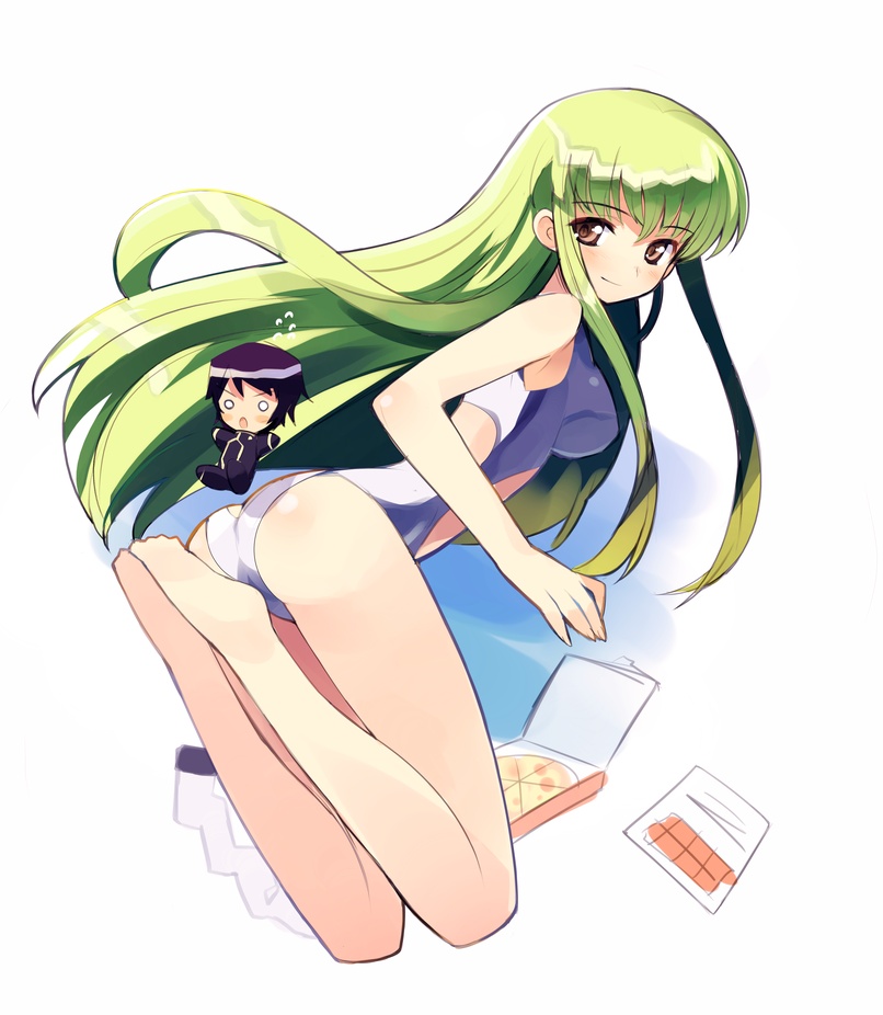 :o ass back bangs barefoot bent_over black_hair blush blush_stickers c.c. cc center_opening character_doll code_geass competition_swimsuit doll feet fingernails food green_hair hair_between_eyes legs lelouch_lamperouge long_fingernails long_hair looking_at_viewer looking_back midriff o_o one-piece_swimsuit open_mouth orange_eyes payot pizza profile school_uniform short_hair sikorsky sketch smile swimsuit very_long_hair