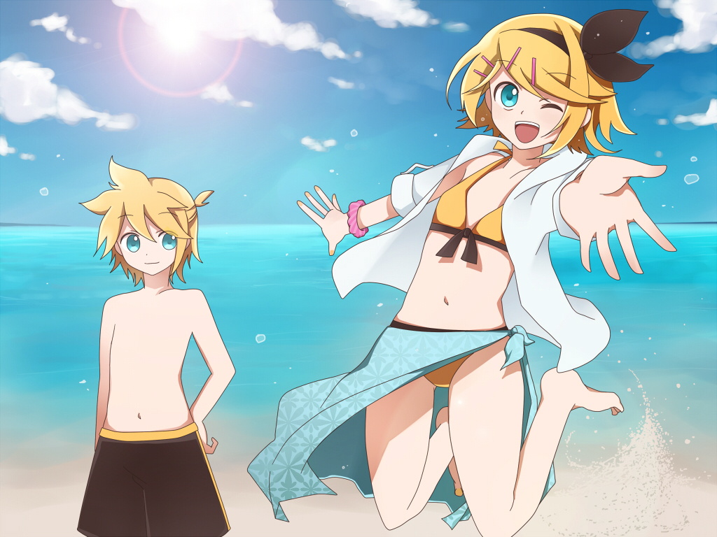 beach bikini blond_hair blue_eyes kagamine_len kagamine_rin swimsuit vocaloid