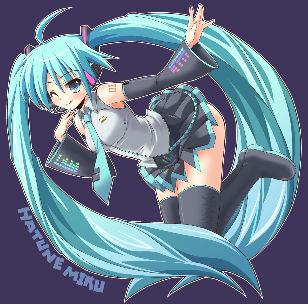 aqua_hair detached_sleeves hatsune_miku long_hair necktie shinshin solo thigh-highs twintails vocaloid wink