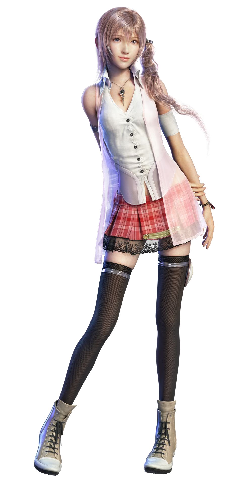 1girl 3d arm_behind_back artist_request black_legwear black_thighhighs blue_eyes bracelet cg closed_mouth contrapposto female final_fantasy final_fantasy_xiii full_body highres jewelry lace-trimmed_skirt lace_trim legs long_hair necklace official_art pink_hair plaid plaid_skirt ponytail see-through serah_farron side_ponytail simple_background skirt sleeveless sleeveless_shirt smile solo standing thigh-highs thighhighs white_background zettai_ryouiki