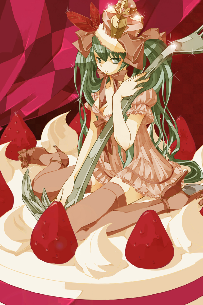 breasts cleavage cream food fork fruit green_eyes green_hair hatsune_miku high_heels highres long_hair oversized_object sakura_(superbunnys) shoes sitting solo strawberry thigh-highs thighhighs twintails very_long_hair vocaloid zettai_ryouiki