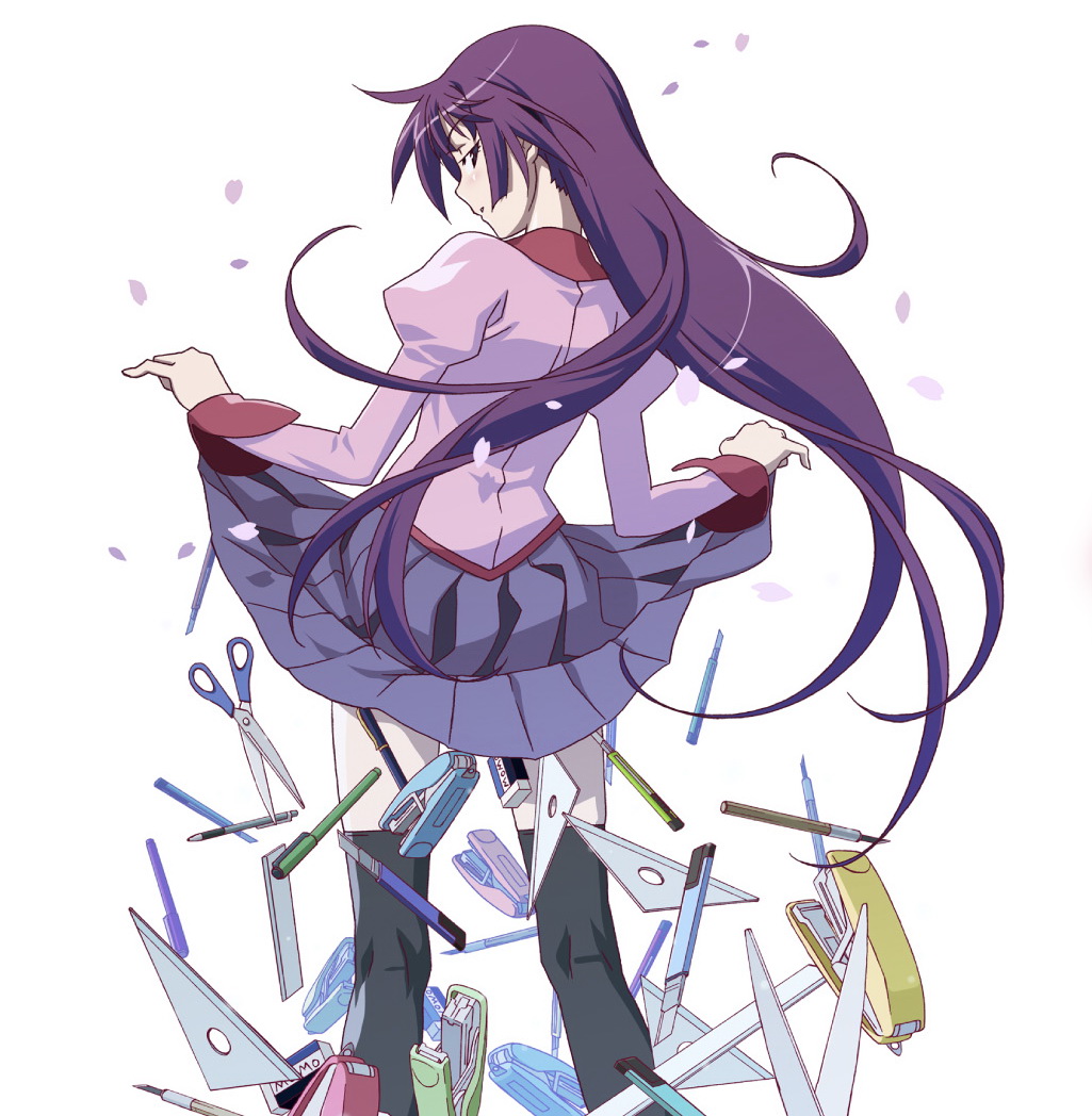 blush boxcutter cherry_blossoms kneepits long_hair looking_back monogatari_(series) petals purple_hair school_uniform scissors seifuku senjougahara_hitagi skirt skirt_lift solo stapler stationery thigh-highs thighhighs watanabe_akio zettai_ryouiki