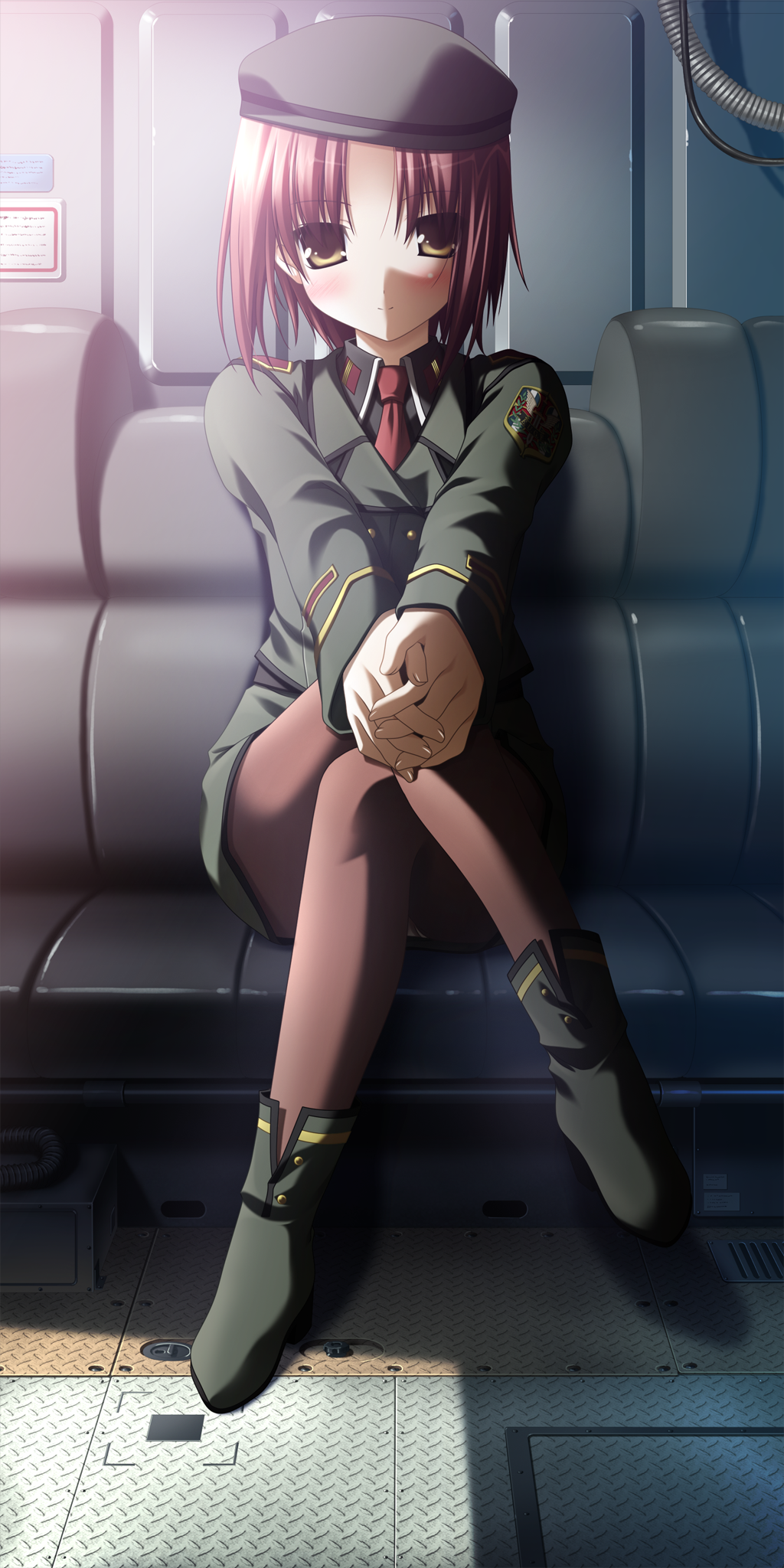 brown_legwear chikotam crossed_legs eden eden*_they_were_only_two_on_the_planet hat highres lavinia_f.asai military military_uniform pantyhose red_hair sitting uniform yellow_eyes