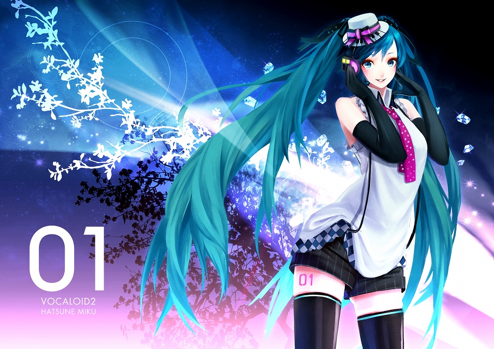 1girl aqua_eyes aqua_hair bad_id bare_shoulders black_legwear elbow_gloves gloves hat hatsune_miku kakyouka long_hair necktie siro smile solo thigh-highs thighhighs twintails very_long_hair vocaloid