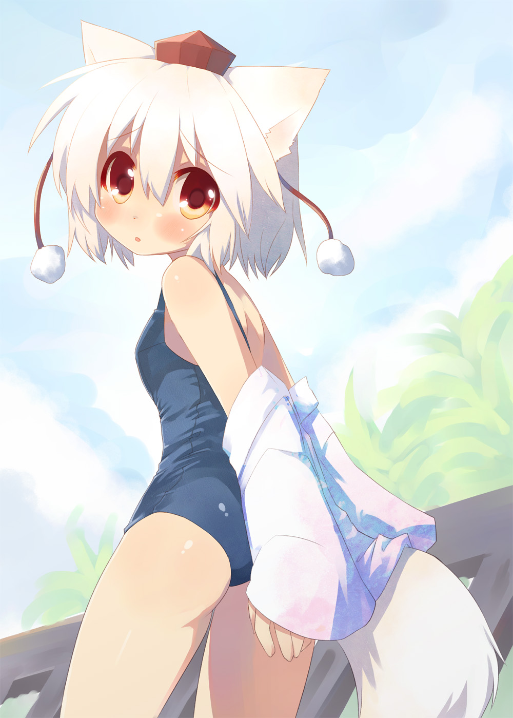 1girl :o animal_ears ass blush detached_sleeves eyebrows_visible_through_hair hat highres hyokkori_tamago inubashiri_momiji looking_at_viewer looking_back nekomimi one-piece_swimsuit red_eyes school_swimsuit short_hair silver_hair small_breasts solo swimsuit swimsuit tail toba_hiyoko tokin_hat touhou white_hair wolf_ears wolf_tail