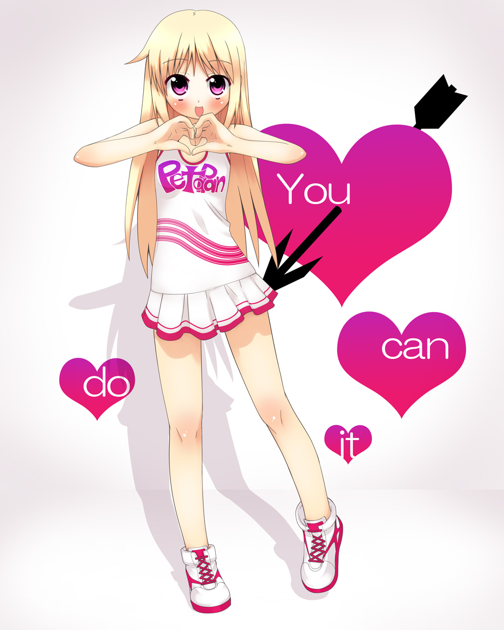 blonde_hair blush cheerleader heart heart_hands highres long_hair original pink_eyes skirt