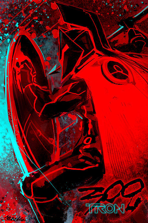 300 aspis cape crossover disc_(tron) greek helmet hoplite kazeco leonidas male neon_trim polearm red red_background shield solo spear title_drop tron tron_legacy weapon