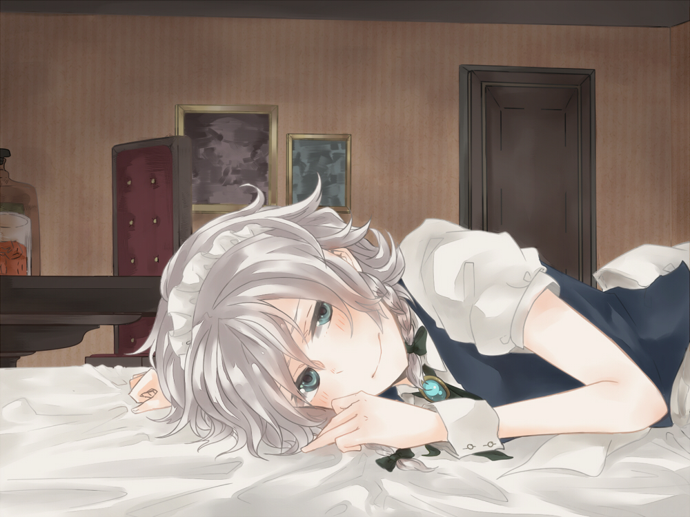 alcohol bed bed_sheet blue_eyes blush bottle bow braid brooch chair chikasatani daina_(encore62) glass hair_bow indoors izayoi_sakuya jewelry lying maid maid_headdress on_stomach short_hair silver_hair smile solo table touhou twin_braids whiskey wrist_cuffs