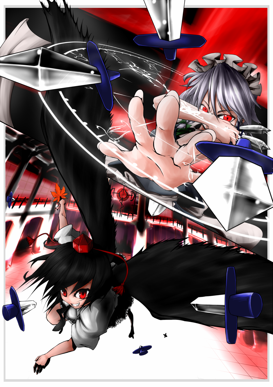 battle black_hair flying foreshortening hands hat highres izayoi_sakuya knife multiple_girls outstretched_hand red_eyes shaded_face shameimaru_aya short_hair silver_hair solo the_embodiment_of_scarlet_devil throwing_knife tokin_hat touhou weapon wings