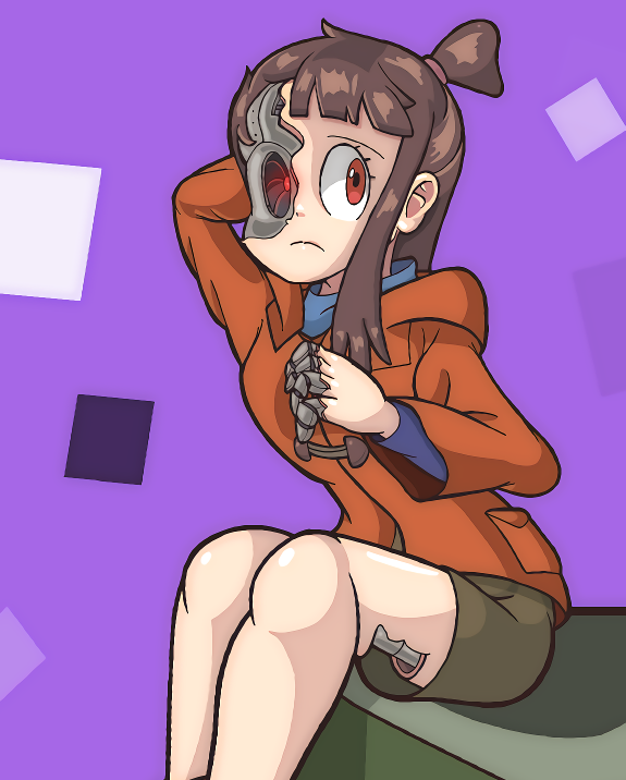 1girl alternate_costume android arms_behind_head artist_request bangs blue_sweater brown_hair brown_shorts coat damaged frown glowing glowing_eyes kagari_atsuko little_witch_academia looking_at_viewer mechanical_parts orange_coat purple_background red_eyes shorts sitting solo sweater