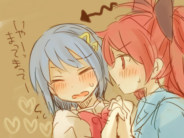 blue_hair blush long_hair mahou_shoujo_madoka_magica miki_sayaka multiple_girls ponytail red_hair redhead sakura_kyouko school_uniform short_hair translated yuri zawameki