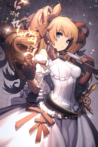 blonde_hair brown_hair candy dress earrings gloves golden_hair isfeldt kkuem lollipop long_hair lowres magic ribbon solo swirl_lollipop sword_girls twintails