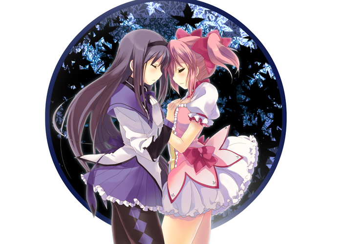 akemi_homura blush bubble_skirt closed_eyes eyes_closed forehead-to-forehead forehead_to_forehead hand_on_another's_chest hand_on_chest kaname_madoka leaf magical_girl mahou_shoujo_madoka_magica malino_(dream_maker) maple_leaf multiple_girls pantyhose short_twintails twintails yuri