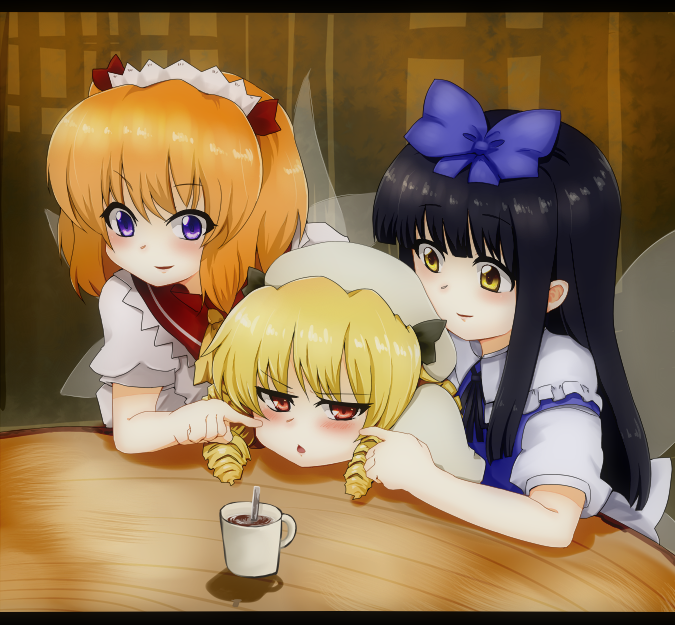 black_hair blonde_hair blush bow brown_hair cup drill_hair grin hair_bow hairband hat letterboxed luna_child mizuga multiple_girls orange_hair poking purple_eyes red_eyes smile star_sapphire sunny_milk table touhou violet_eyes wings yellow_eyes