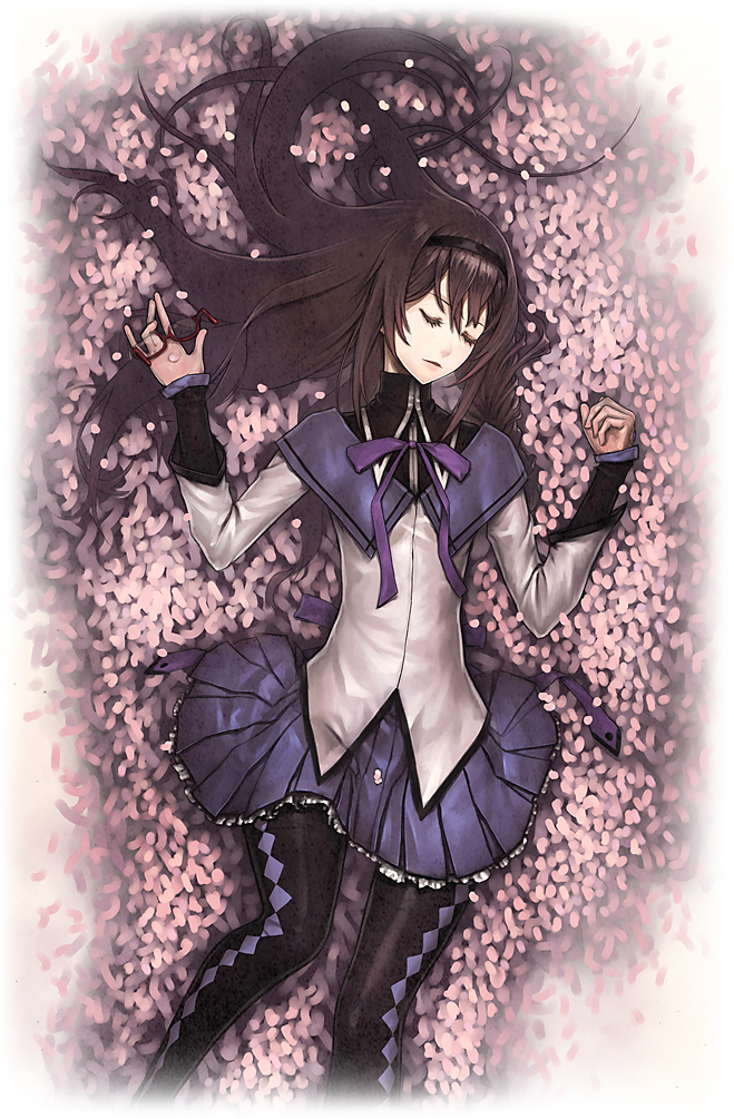 akemi_homura argyle argyle_legwear black_hair black_legwear capelet closed_eyes eyelashes eyes_closed fading_borders from_above glasses glasses_removed hairband hands holding holding_glasses legs light_smile lips long_hair lying magical_girl mahou_shoujo_madoka_magica on_back on_ground pantyhose petals pleated_skirt red-framed_glasses remana ribbon skirt solo vignetting