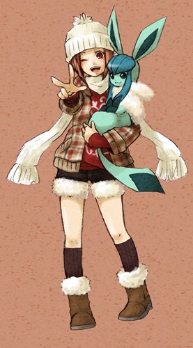 1girl blush boots glaceon hat holding kneehighs lowres open_mouth painame pink_hair pixiv pixiv_trainer pokemon pokemon_(creature) pokemon_trainer red_eyes scarf short_hair shorts simple_background sweater v wink