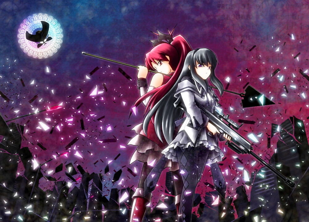 akemi_homura black_hair gun horikawakyo long_hair magical_girl mahou_shoujo_madoka_magica multiple_girls polearm ponytail red_hair redhead rifle sakura_kyouko walpurgisnacht_(madoka_magica) weapon