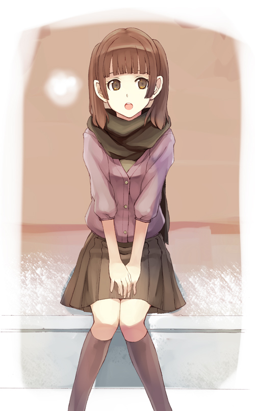 1girl brown_eyes brown_hair open_mouth original scarf short_hair sitting skirt solo toshiya v_arms