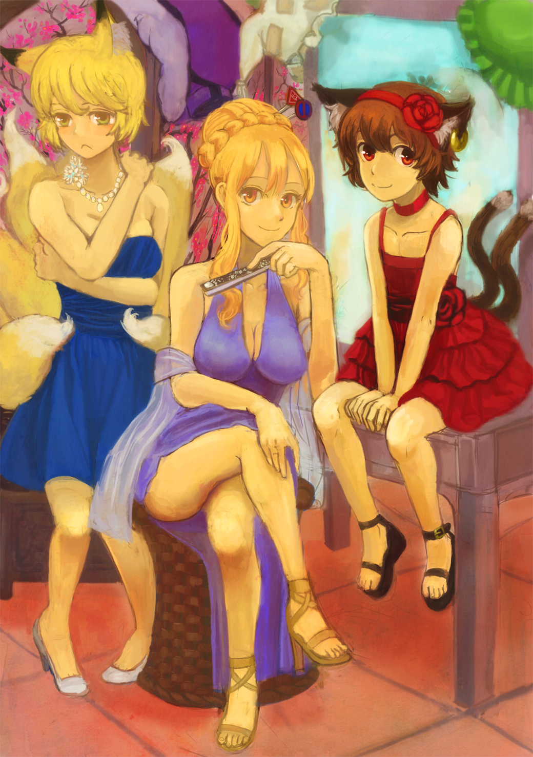 :&lt; animal_ears blonde_hair braid breasts brown_hair cat_ears cat_tail chair chen choker cleavage closed_fan collar contemporary crossed_legs dress evening_gown fan flower folding_fan formal fox_ears fox_tail hairband hat hat_removed headwear_removed high_heels highres jewelry kibougou large_breasts legs legs_crossed long_hair multiple_girls necklace pigeon-toed pigeon_toed red_eyes sandals shoes short_hair sitting smile table tail thighs touhou yakumo_ran yakumo_yukari yellow_eyes