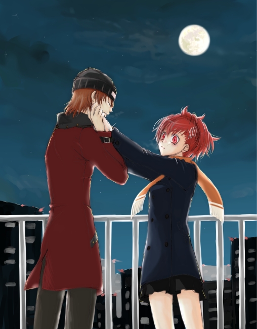 1girl alternate_costume aragaki_shinjirou beanie brown_hair closed_eyes couple eyes_closed female_protagonist_(persona_3) full_moon hair_ornament hand_on_another's_cheek hand_on_another's_face hand_on_cheek hat ichikawa_makoto makoto_(fuka) moon night persona persona_3 persona_3_portable railing red_eyes scarf skirt trench_coat trenchcoat