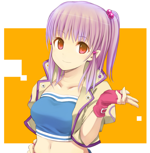 1girl breasts fingerless_gloves gloves hair_bobbles hair_ornament looking_at_viewer purple_hair red_eyes simple_background smile solo toshiya