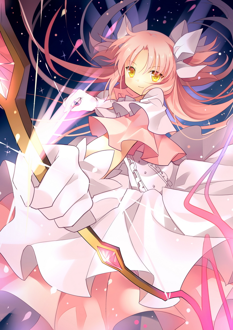 aiming bow_(weapon) foreshortening gloves goddess_madoka kaname_madoka long_hair magical_girl mahou_shoujo_madoka_magica pink_hair rie_(reverie) smile solo space sparkle spoilers twintails ultimate_madoka weapon white_gloves yellow_eyes