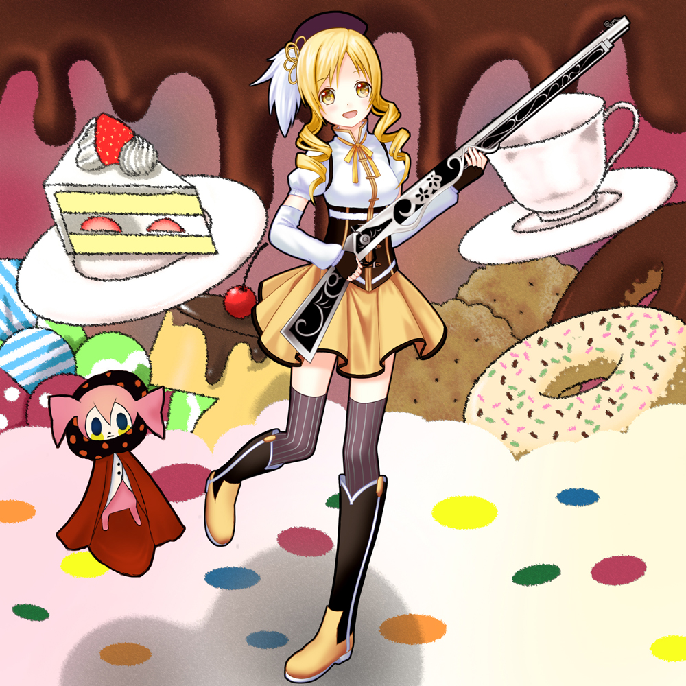 beret blonde_hair boots brown_legwear cake charlotte_(madoka_magica) cookie cup detached_sleeves doughnut drill_hair fingerless_gloves food gloves gun hair_ornament hairpin happy hat long_hair magical_girl magical_musket mahou_shoujo_madoka_magica open_mouth ornate pleated_skirt puffy_sleeves ribbon rifle setona_(daice) skirt standing standing_on_one_leg teacup thighhighs tomoe_mami twin_drills twintails vertical-striped_legwear vertical_stripes weapon witch's_labyrinth yellow_eyes zettai_ryouiki